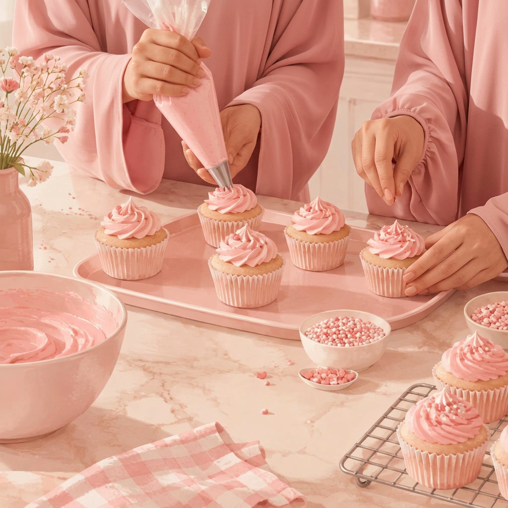 Sisters in pink abayas piping icing onto cupcakes on a marble counter