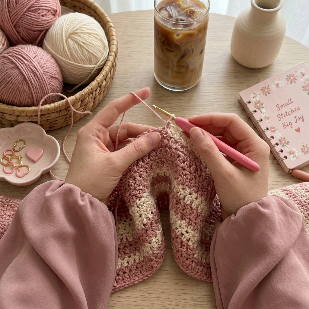 Hands with natural nails crocheting with pink and cream yarn, wearing loose pink abaya sleeves, beside a glass of iced coffee
