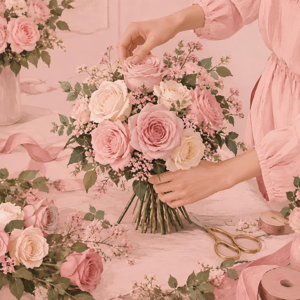 Hands arranging a bouquet of pink and cream roses