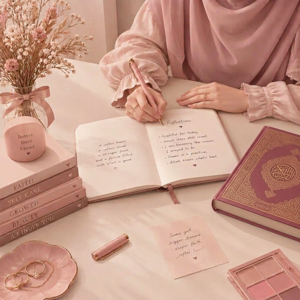 Hands writing reflections in a journal beside a closed Qur'an with an ornate rose cover