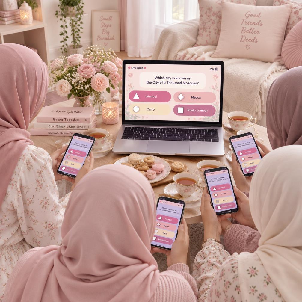 Sisters playing a live quiz game on their phones with a laptop showing the quiz screen