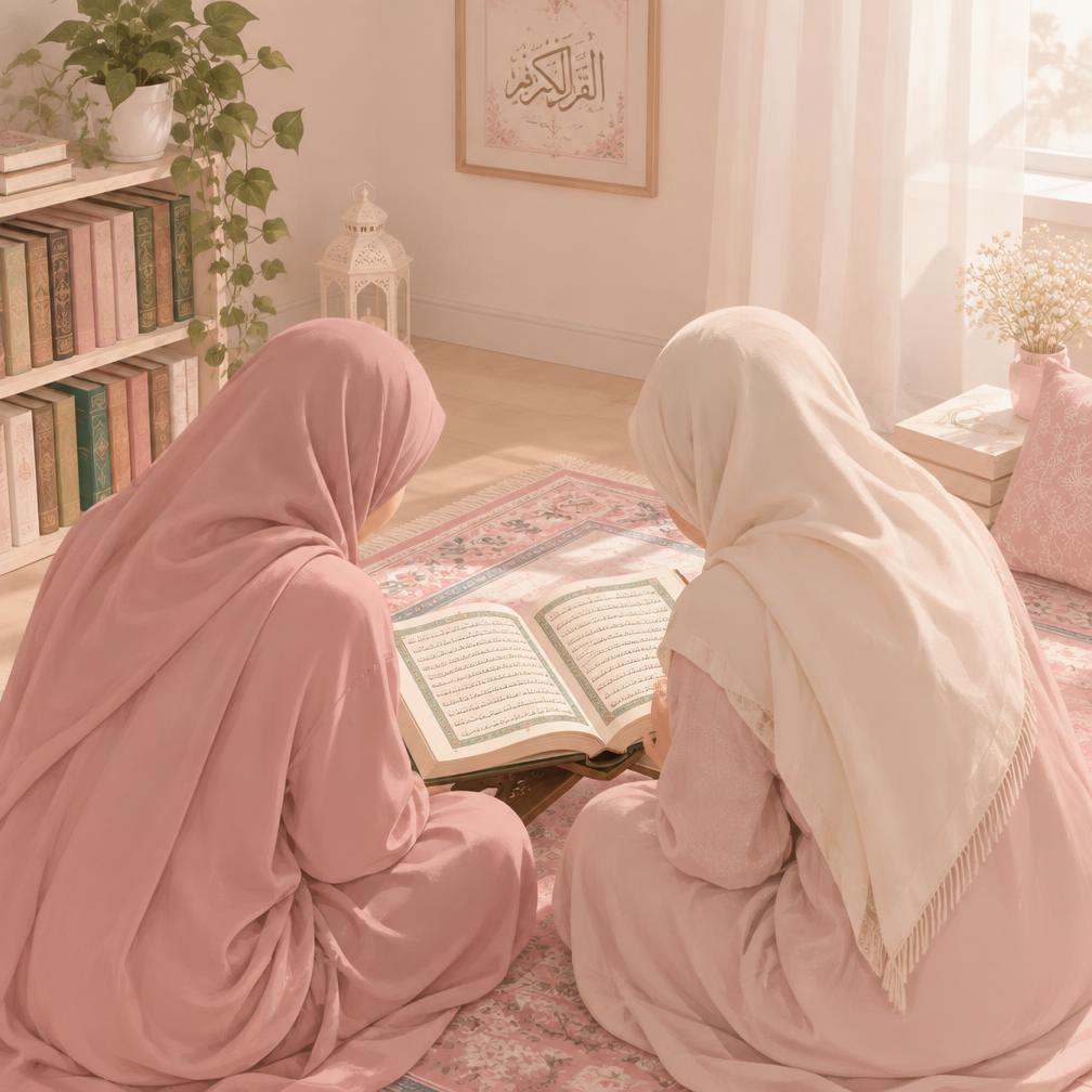 Two sisters seated on a rug reading an open Qur'an together