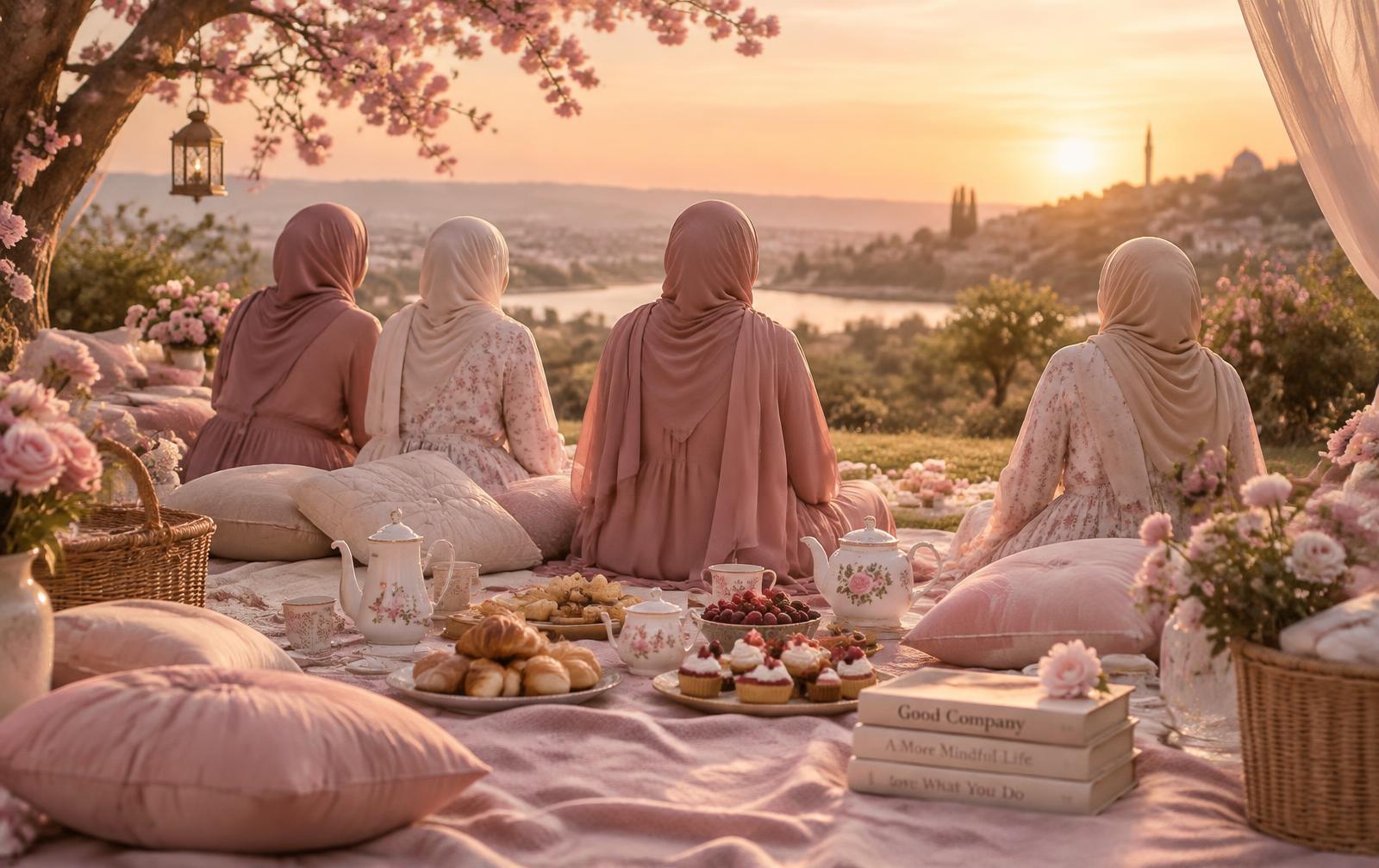 Sisters seated together at an outdoor picnic with flowers, tea and pastries
